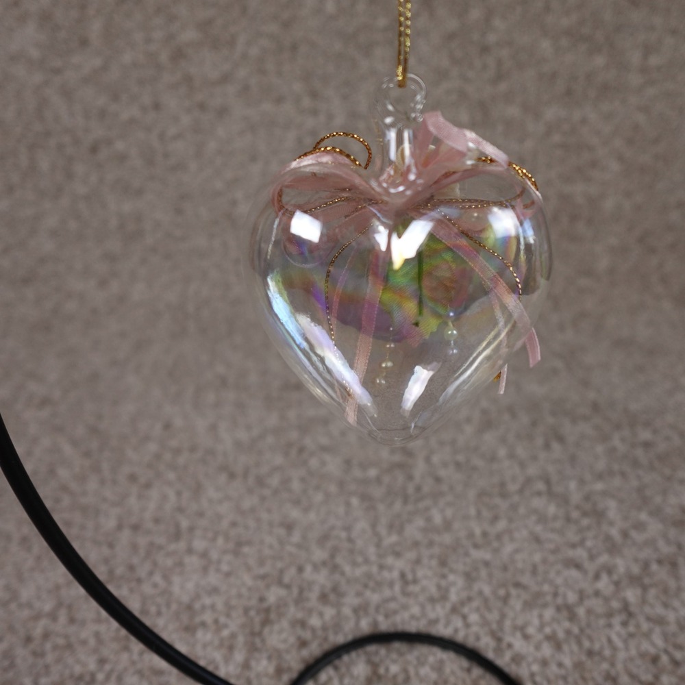 Iridescent Glass Heart Ornament Pink Satin Roses Pearls Gold Accents Romantic - Picture 3 of 5